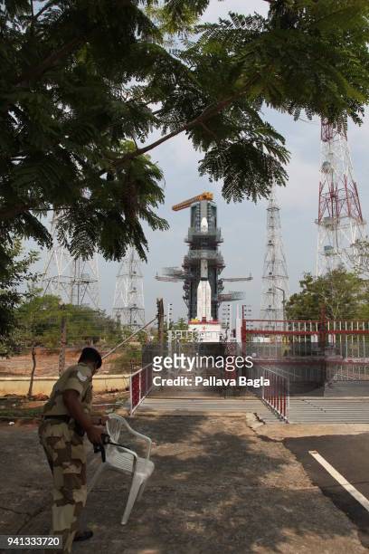 Indian heavy lift rocket the Geosynchronous Satellite Launch Vehicle 2013 M K II stands on the launch pad on March 27, 2018 in Sriharikota, India....