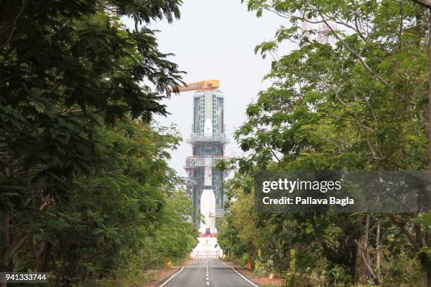 Indian heavy lift rocket the Geosynchronous Satellite Launch Vehicle 2013 M K II stands on the launch pad on March 27, 2018 in Sriharikota, India....