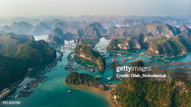 aerial view of halong bay in vietnam - island aerial stock pictures, royalty-free photos & images