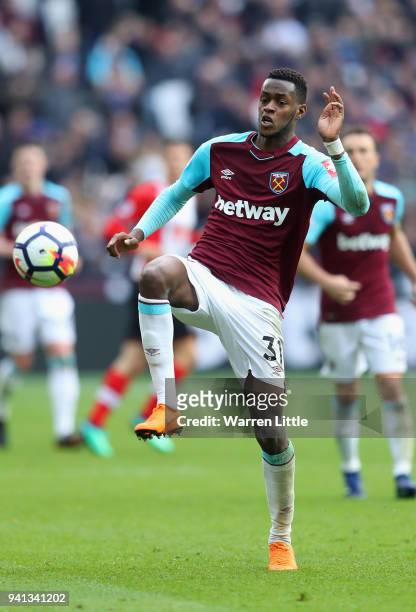 Edimilson Fernandes of West Ham in action during the Premier League match between West Ham United and Southampton at London Stadium on March 31, 2018...
