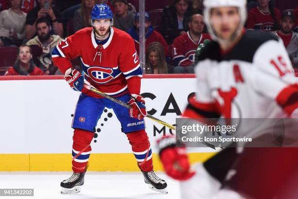 Look on Montreal Canadiens Winger Alex Galchenyuk during the New Jersey Devils versus the Montreal Canadiens game on April 1 at Bell Centre in...