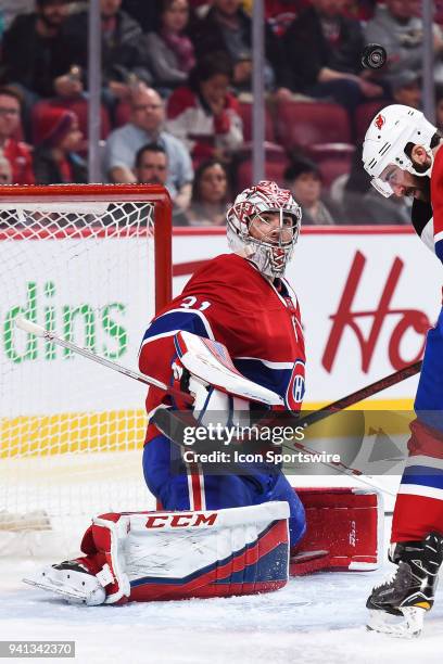 Montreal Canadiens Goalie Carey Price tracks the puck flying in the air during the New Jersey Devils versus the Montreal Canadiens game on April 1 at...