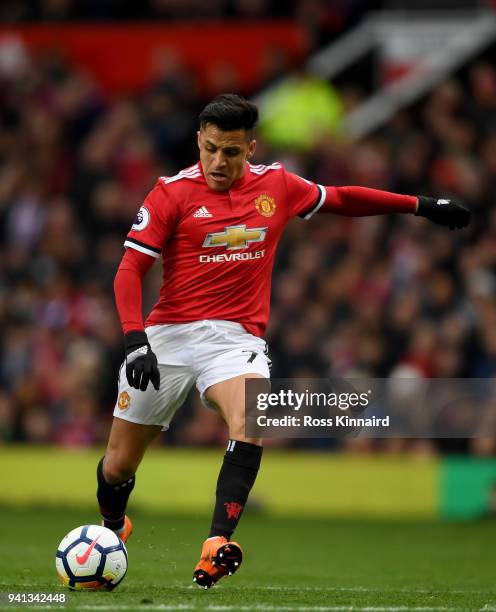 Alexis Sanchez of Manchester United in action during the Premier League match between Manchester United and Swansea City at Old Trafford on March 31,...