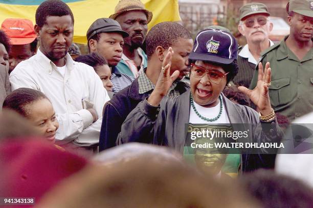 Anti-apartheid campaigner Winnie Madikizela-Mandela of the African National Congress addresses a crowd, 21 April in the Mnandi squattercamp some 20...