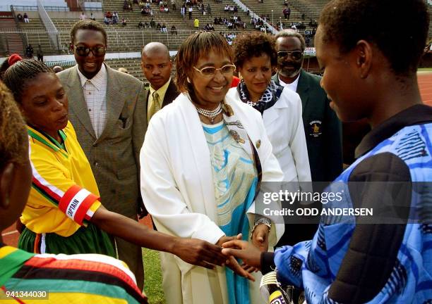 Anti-apartheid campaigner Winnie Madikizela-Mandela the estranged wife of former South African President Nelson Mandela is introduced to Zimbabwean...