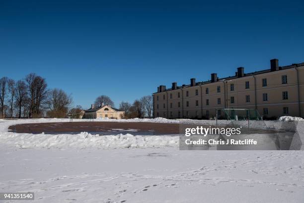 Football pitch on the island of Suomenlinna on March 30, 2018 in Helsinki, Finland.