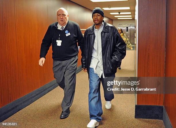 Allen Iverson of the Philadelphia 76ers enters the arena before the game against the Denver Nuggets on December 7, 2009 at the Wachovia Center in...