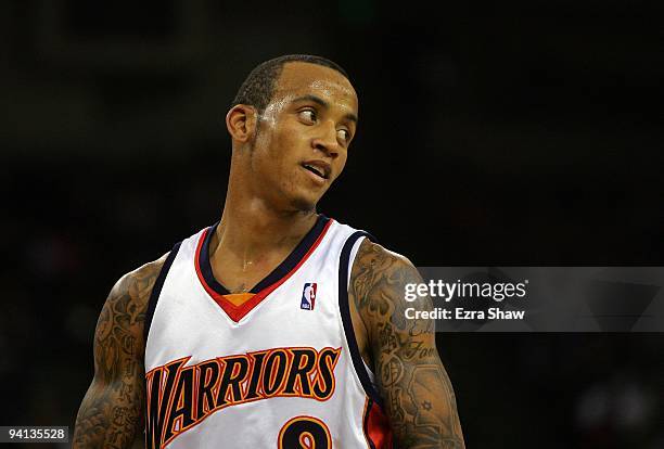 Monta Ellis of the Golden State Warriors stands on the court during a free throw during their game against the Indiana Pacers at Oracle Arena on...