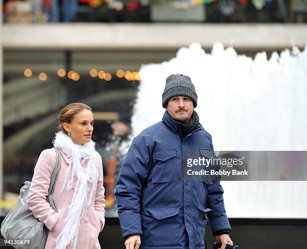 Actress Natalie Portman and director Darren Aronofsky film on location for "Black Swan" on the streets of Manhattan on December 7, 2009 in New York...