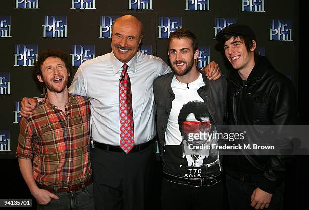 Recording artist Mike Einziger, Dr. Phil McGraw and recording artists Jordan McGraw and Zachary Merrick attend the taping of the "Dr. Phil"...
