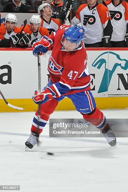 Marc-Andre Bergeron of Montreal Canadiens takes a slap shot during the NHL game against the Philadelphie Flyers on December 7, 2009 at the Bell...