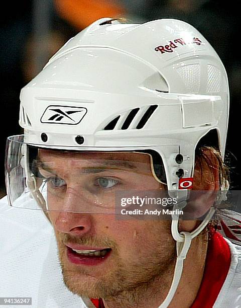 Jakub Kindl of the Detroit Red Wings looks on against the New Jersey Devils during their game at the Prudential Center on December 5, 2009 in Newark,...