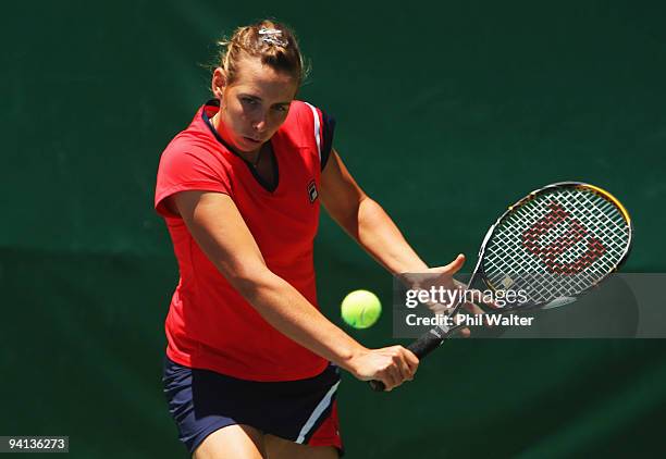 Marina Erakovic of New Zealand returns a backhand on the court following a press conference at the Stanley Street Tennis Centre on December 8, 2009...
