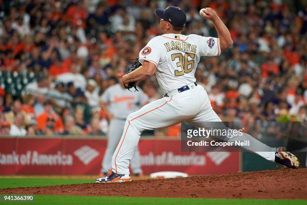 Will Harris of the Houston Astros pitches against the Baltimore Orioles at Minute Maid Park on Monday, April 2, 2018 in Houston, Texas.