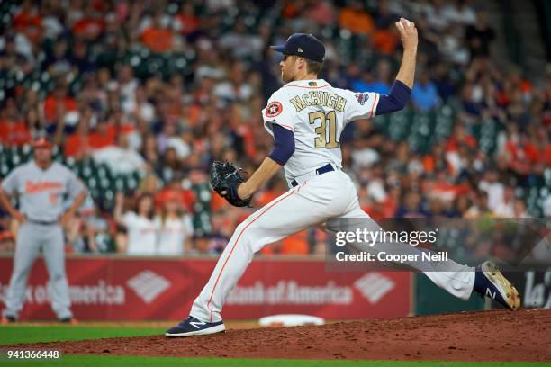 Collin McHugh of the Houston Astros pitches against the Baltimore Orioles at Minute Maid Park on Monday, April 2, 2018 in Houston, Texas.