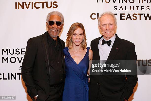 Actors Morgan Freeman, Hilary Swank, and director/honoree Clint Eastwood attend a screening of "Invictus" as part of the Museum of The Moving Image's...