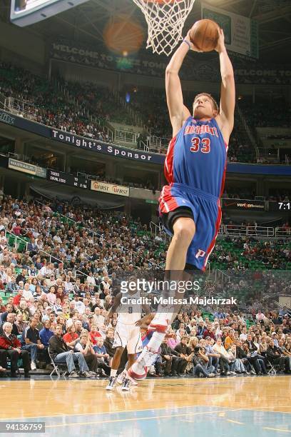 Jonas Jerebko of the Detroit Pistons puts up a shot during the game against the Utah Jazz on November 21, 2009 at EnergySolutions Arena in Salt Lake...