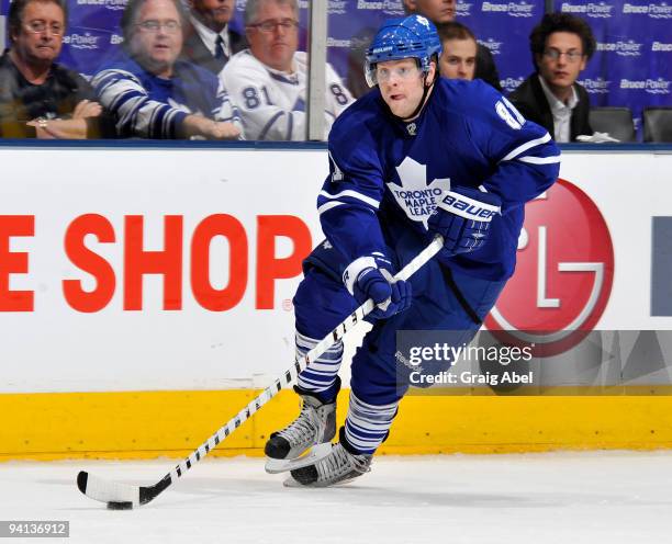 Phil Kessel of the Toronto Maple Leafs skates with the puck during game action against the Atlanta Thrashers December 7, 2009 at the Air Canada...