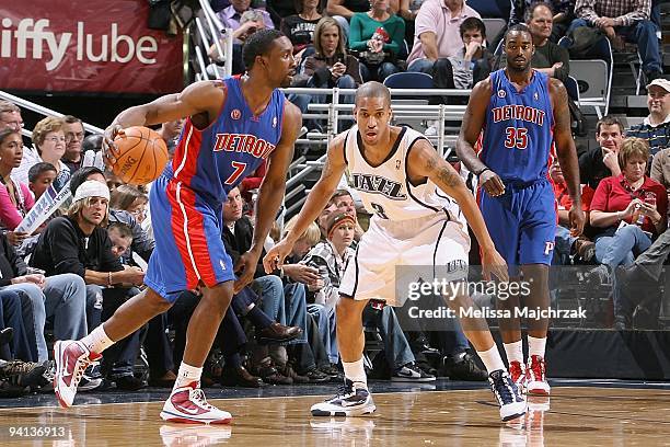 Ben Gordon of the Detroit Pistons drives the ball against Eric Maynor of the Utah Jazz during the game on November 21, 2009 at EnergySolutions Arena...