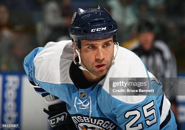 Maxime Talbot of the Pittsburgh Penguins skates against the New York Islanders at the Nassau Coliseum on November 27, 2009 in Uniondale, New York.