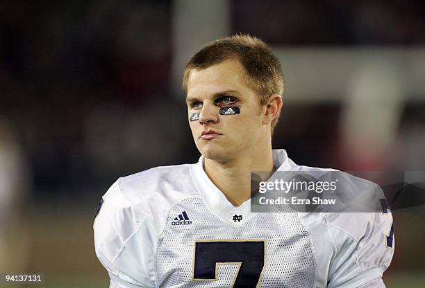 Jimmy Clausen of the Notre Dame Fighting Irish walks the sideline during their game against the Stanford Cardinal at Stanford Stadium on November 28,...