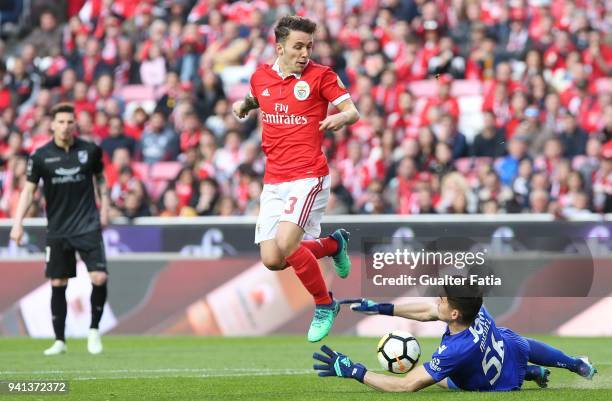 Benfica defender Alejandro Grimaldo from Spain with Vitoria Guimaraes goalkeeper Miguel Silva from Portugal in action during the Primeira Liga match...