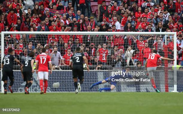 Benfica forward Jonas from Brazil scores goal from the penalty spot during the Primeira Liga match between SL Benfica and Vitoria Guimaraes at...