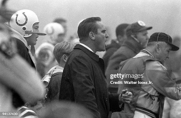Baltimore Colts coach Don Shula upset on sidelines during game vs Washington Redskins. Baltimore, MD CREDIT: Walter Iooss Jr.