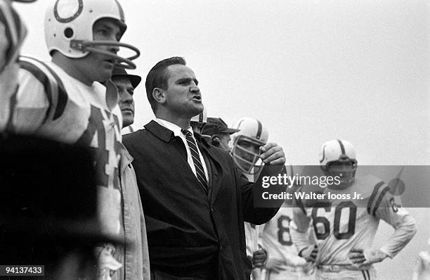 Baltimore Colts coach Don Shula on sidelines during game vs Washington Redskins. Baltimore, MD CREDIT: Walter Iooss Jr.