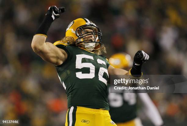 Clay Matthews f the Green Bay Packers celebrates after he sacked Joe Flacco of the Baltimore Ravens at Lambeau Field on December 7, 2009 in Green...