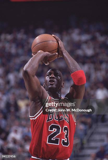 Playoffs: Chicago Bulls Michael Jordan in action, foul shot vs Utah Jazz. Game 5. Jordan had a stomach virus that caused a fever and dehydration....