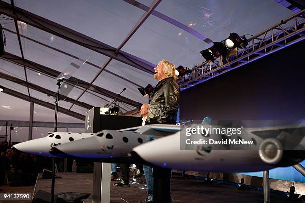 Sir Richard Branson speaks as Virgin Galactic unveils its new SpaceShipTwo spacecraft at the Mojave Spaceport on December 7, 2009 near Mojave,...
