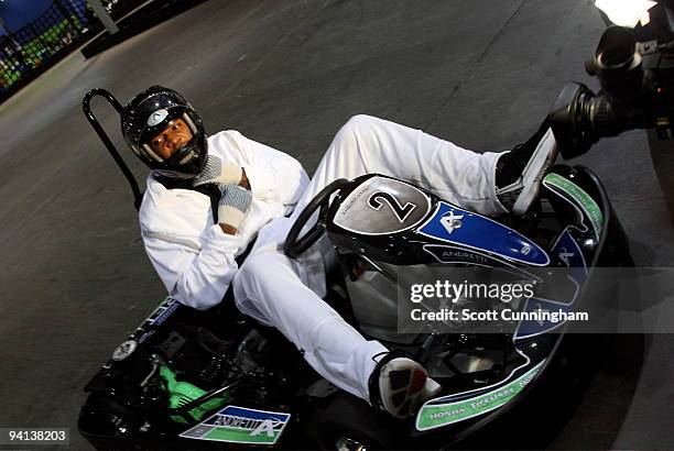 Joe Johnson of the Atlanta Hawks gets set to race a go-kart at his annual Santa-Lanta Holiday Event at Andretti Karting & Games Center on December 7,...