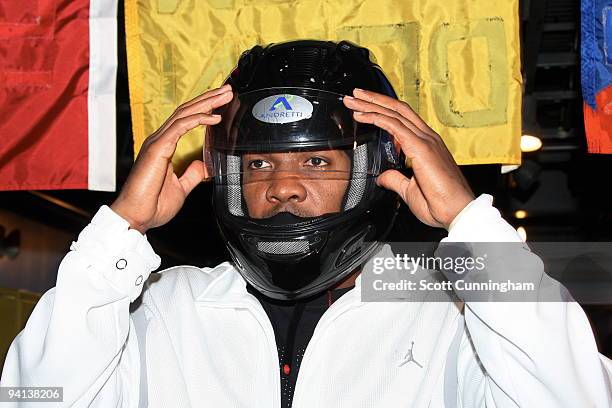 Joe Johnson of the Atlanta Hawks gets set to race a go-kart at his annual Santa-Lanta Holiday Event at Andretti Karting & Games Center on December 7,...