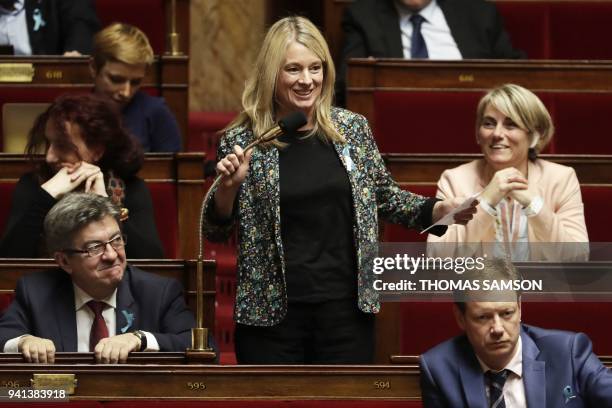 French La Rebublique En Marche party's Member of Parliament Berangere Abba speaks a session of questions to the government at the French National...