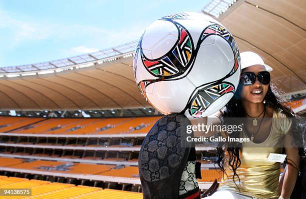 Miss Sierra Leone Mariatu Kargbo and other Miss World Contestants pay a visit to the FNB Soccer City Stadium on December 6, 2009 in Johannesburg,...
