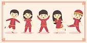 Cute Chinese Kids Boy Girl Costume Vector Set