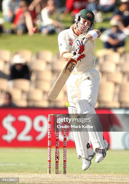 Brad Haddin of Australia evades a bouncer during day five of the Second Test match between Australia and the West Indies at Adelaide Oval on December...