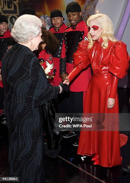 Queen Elizabeth II meets singer Lady Gaga following the Royal Variety Performance on December 7, 2009 in Blackpool, England