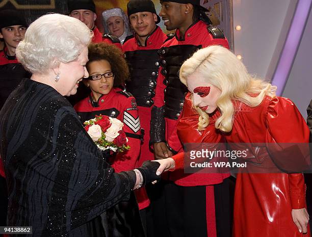 Queen Elizabeth II meets singer Lady Gaga following the Royal Variety Performance on December 7, 2009 in Blackpool, England