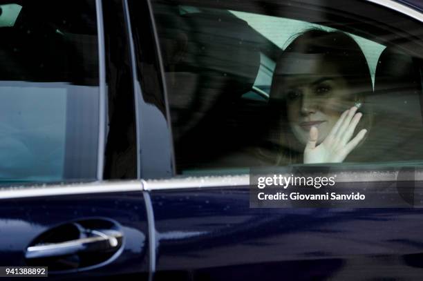 Queen Letizia of Spain attends 25th Anniversary of King Juan Carlos' Father's Death at Monasterio de San Lorenzo de El Escorial on April 3, 2018 in...