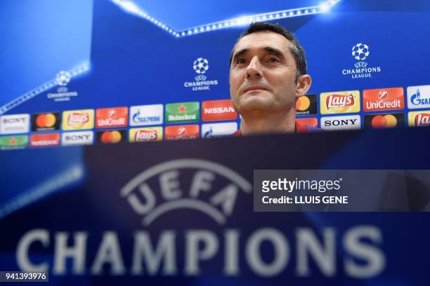Barcelona's coach Ernesto Valverde speaks during a press conference at the Joan Gamper Sports Center in Sant Joan Despi, near Barcelona, on April 3...