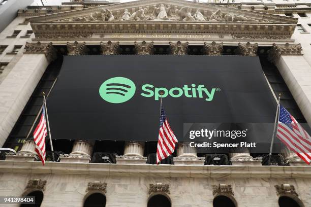 The Spotify banner hangs from the New York Stock Exchange on the morning that the music streaming service begins trading shares at the NYSE on April...