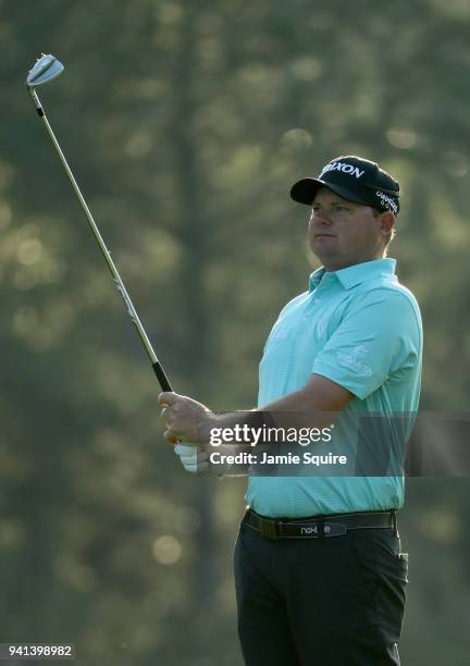 Ted Potter Jr. Of the United States plays a shot during a practice round prior to the start of the 2018 Masters Tournament at Augusta National Golf...