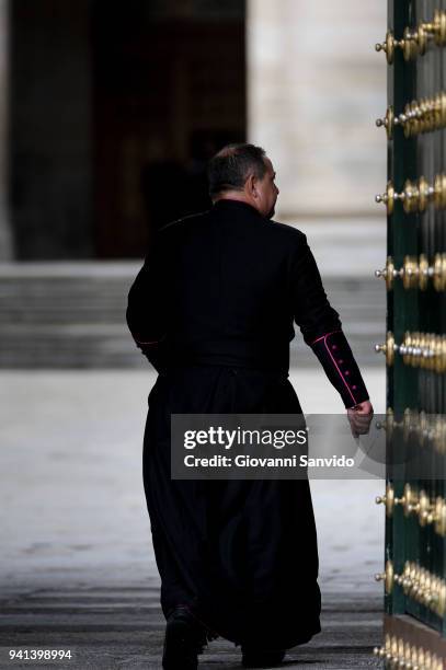 Priest is seen during 25th Anniversary of King Juan Carlos' Father's Death at Monasterio de San Lorenzo de El Escorial on April 3, 2018 in El...