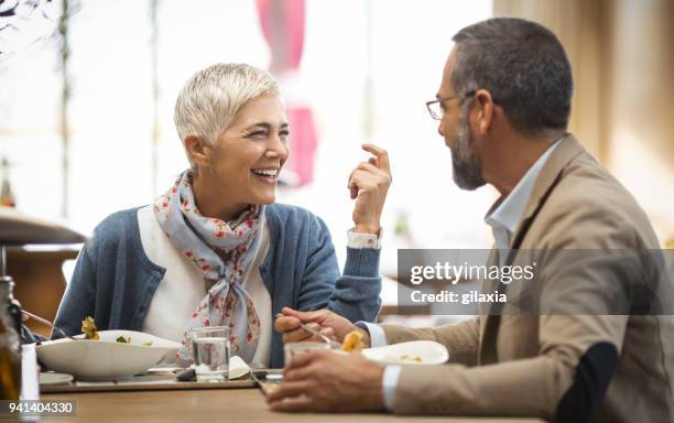 mittagspause in einem restaurant. - couple in cafe man beard coffee stock-fotos und bilder