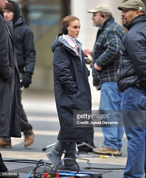 Vincent Cassel and Natalie Portman film on location for "Black Swan" on the streets of Manhattan on December 7, 2009 in New York City.