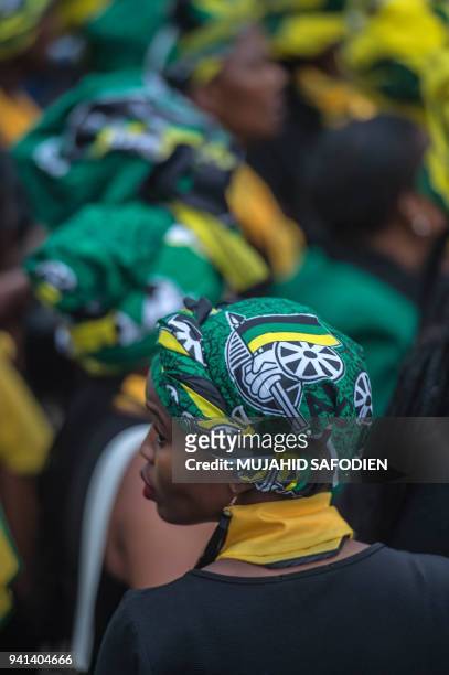Members of the ANC Women's League pay tribute to late South African anti-apartheid campaigner Winnie Madikizela-Mandela, ex-wife of African National...