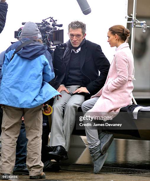 Vincent Cassel and Natalie Portman film on location for "Black Swan" on the streets of Manhattan on December 7, 2009 in New York City.