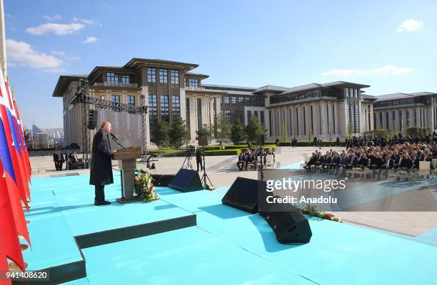 Turkish President Recep Tayyip Erdogan makes a speech as he attends the groundbreaking ceremony of Akkuyu Nuclear Santral via video conference call,...